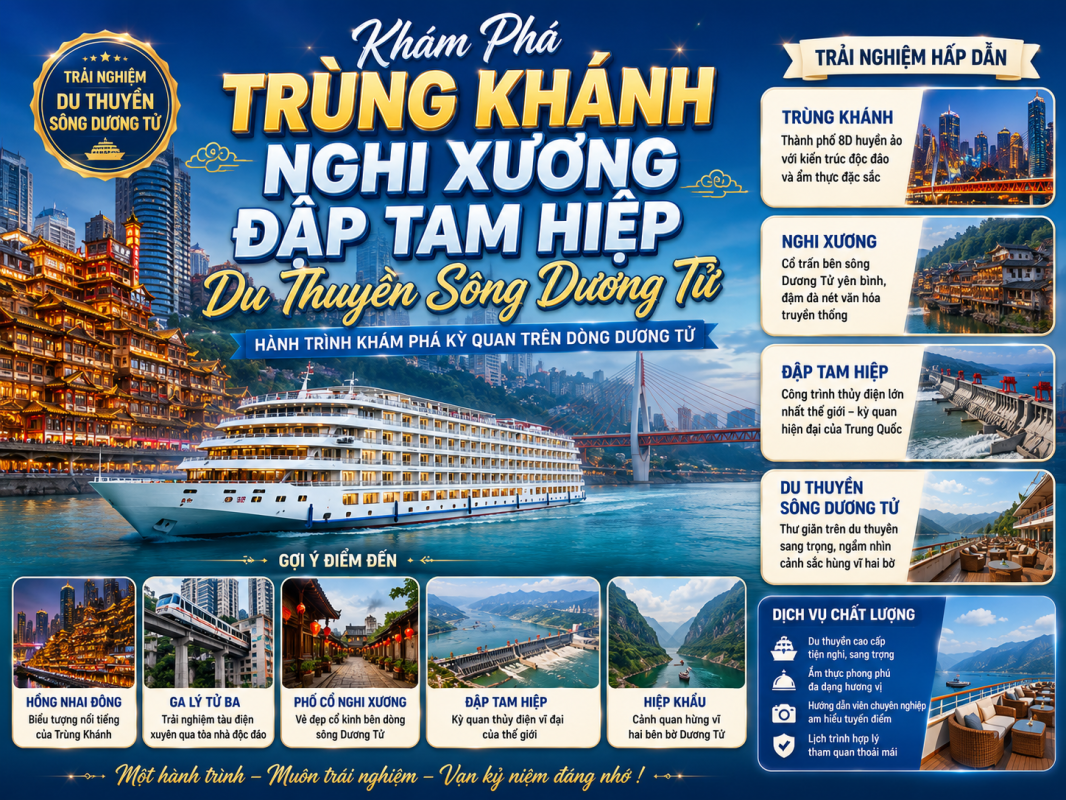 TOUR TRUNG QUỐC: TRÙNG KHÁNH - DU THUYỀN SÔNG DƯƠNG TỬ - ĐẬP TAM HIỆP